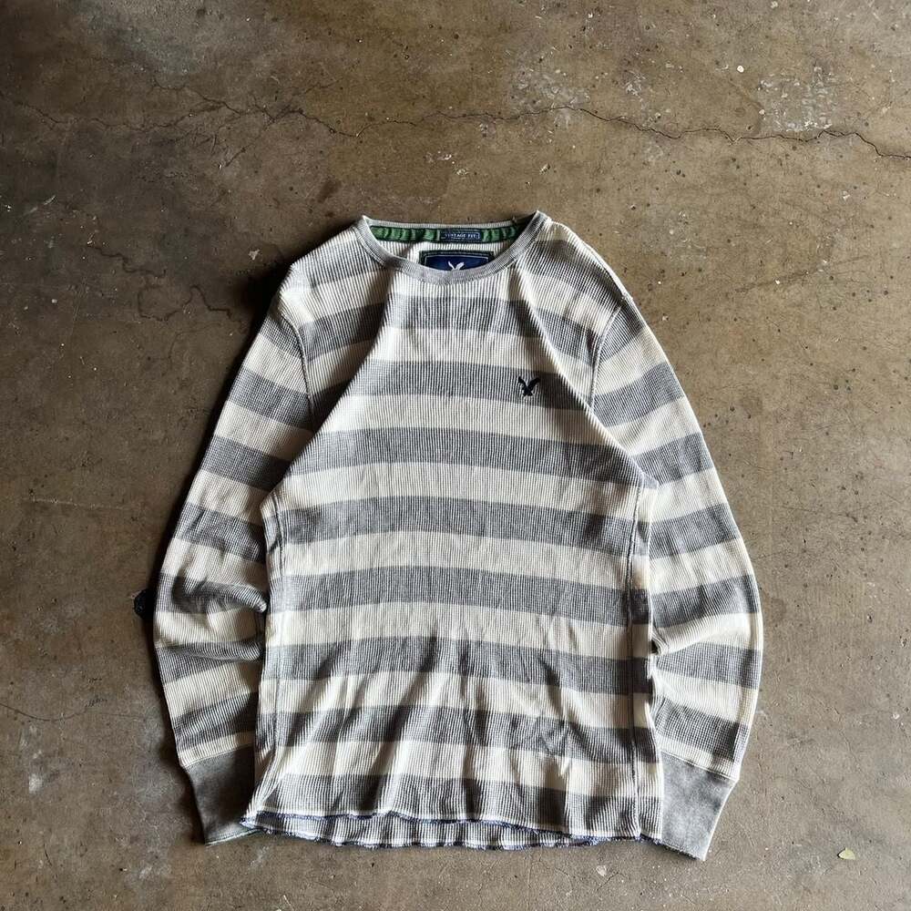 Vintage American Eagle Striped Waffle Knit Thermal Long Sleeve Shirt - Large